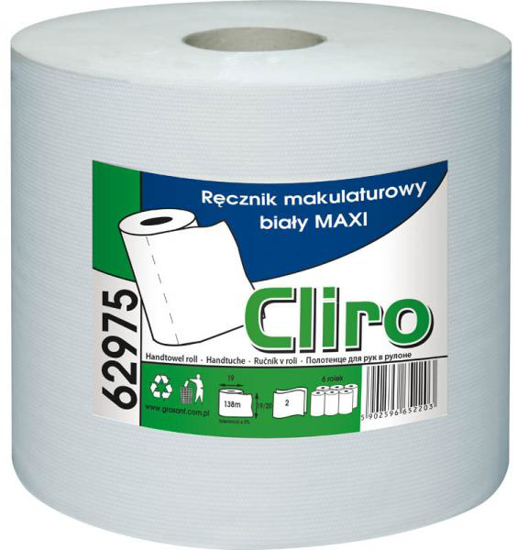 Obrazek Ręcznik papierowy z makulatury CLIRO 65% BIAŁOŚCI Ręczniki papierowe makulaturowe FI 19 138 m 6 rolek